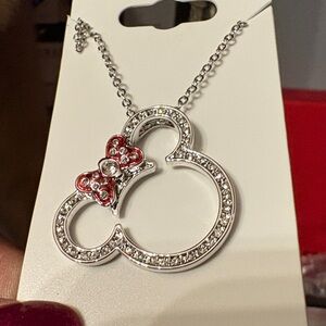 Minnie Mouse Silver w/ Red Bow Swarovski crystal necklace NWT from Disney Resort